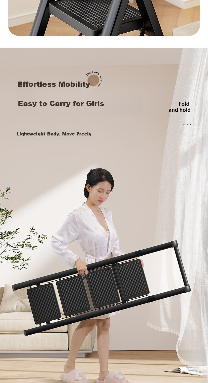 Cenggao Folding Ladder for Home Use, A-Frame with Handrails, Thickened Carbon Steel, Widened Steps, Yadian Black, Five Steps, Export Quality 13
