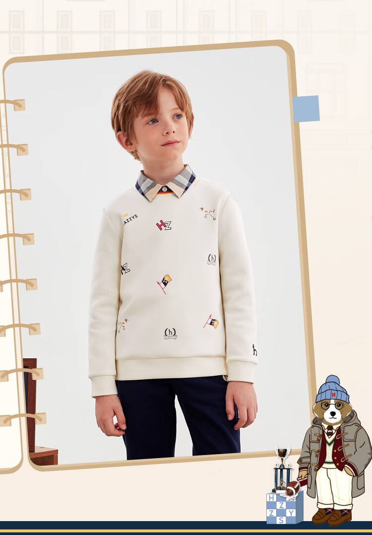 HAZZYS Brand Boys' Knitted Solid Color Double-Sided Embroidered Logo Sweatshirt, Spring New Style, Navy Blue, Size 130 1