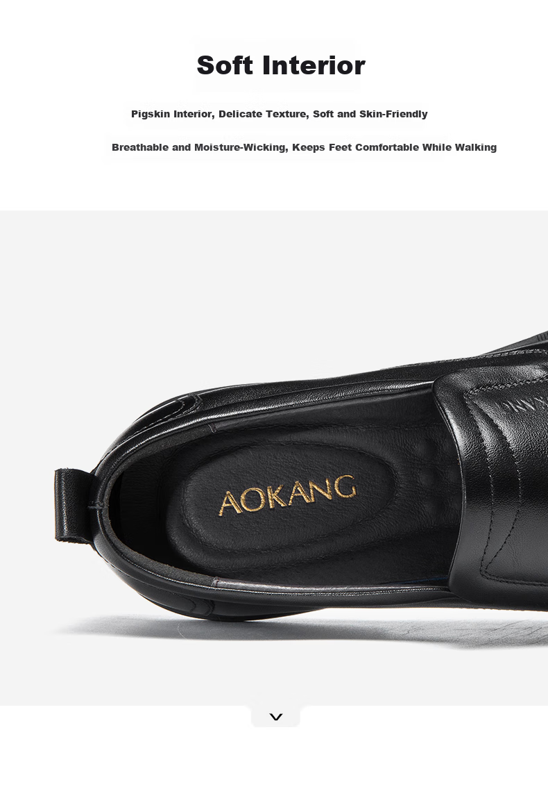 Aokang Slip-On Comfortable Solid Color Low-Top Formal Business Breathable Leather Shoes with Thick Soles, Black Size 42 4