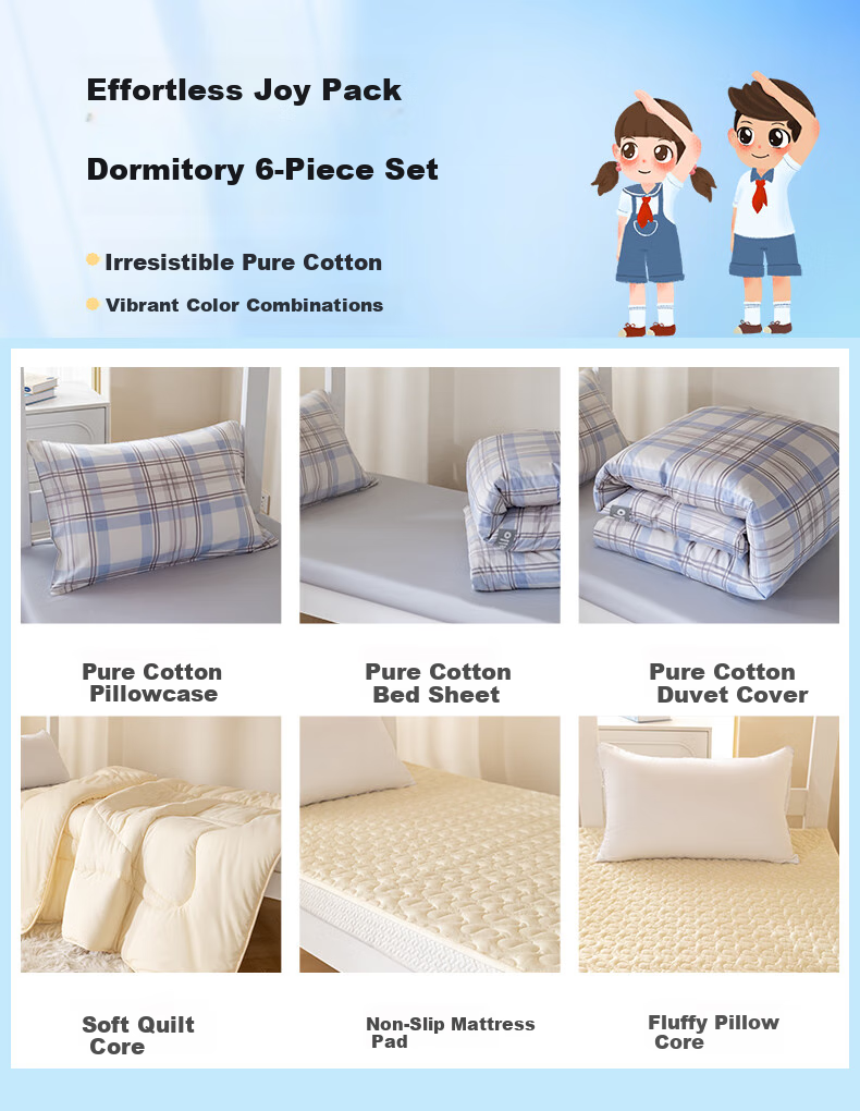 Hengyuanxiang Class A Pure Cotton Dormitory Six-Piece Set (Three-Piece Set + Pillow Core + Quilt Core + Mattress Pad), Complete Set of Blue Plaid Bedding 2