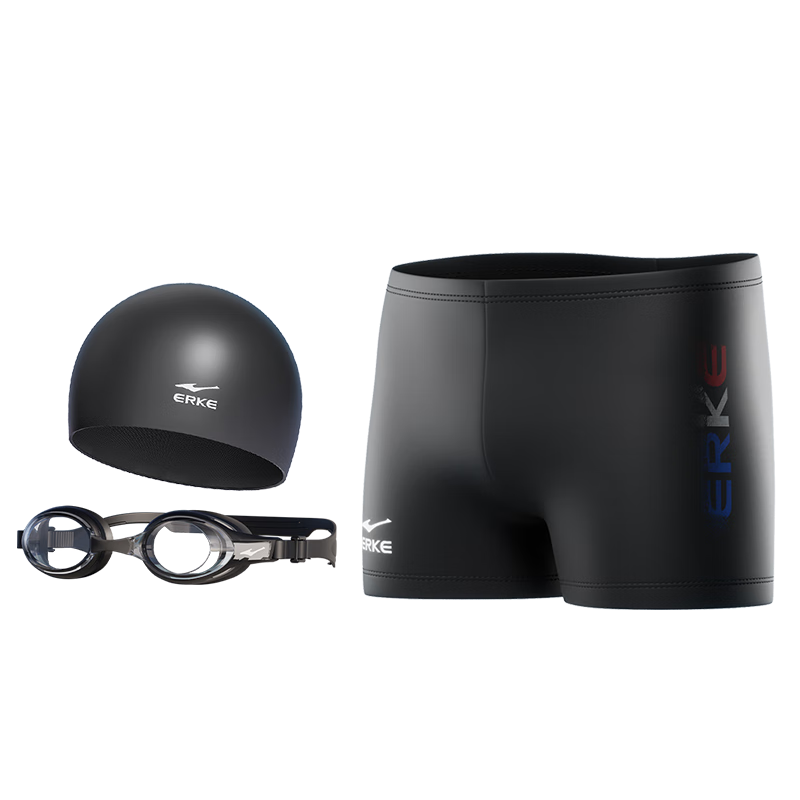 ERKE Men's Swim Trunks Boxer Shorts Small Frame Swim Goggles HD Waterproof Anti-Fog Swim Cap and Swim Trunks Three-Piece Set