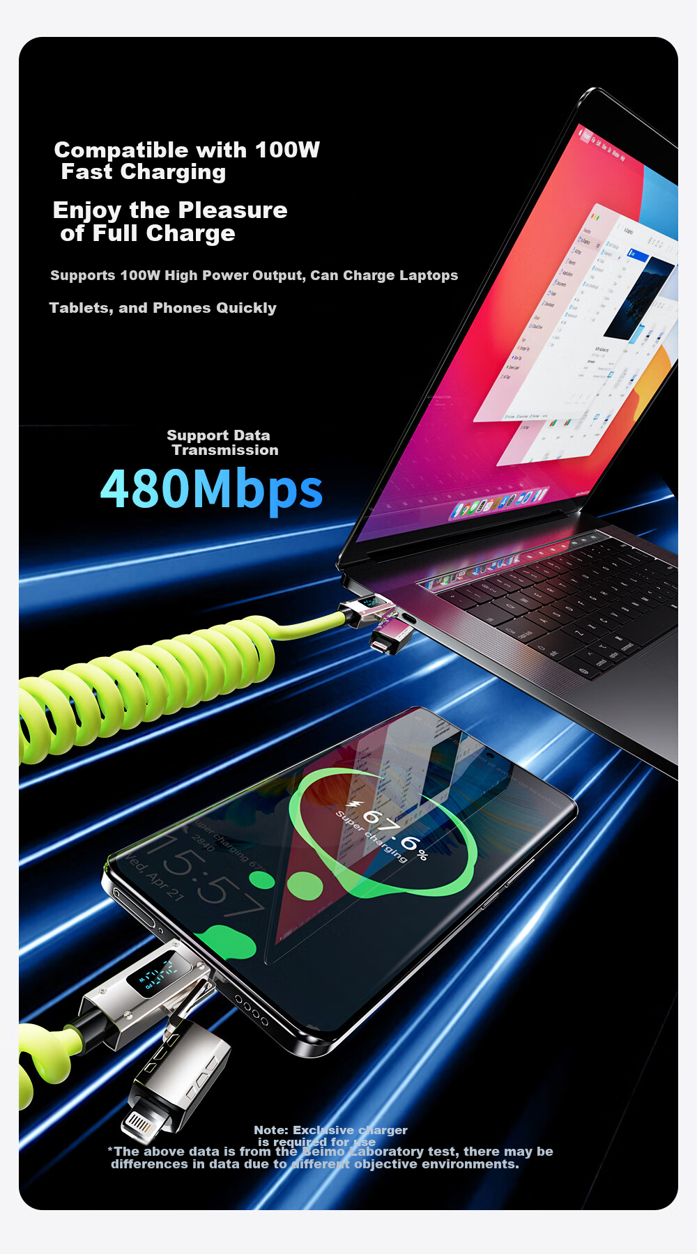 Beimo 240W Fast Charging Cable, Smart Digital Display Car Spring Data Cable, Four-In Car Screen Mirroring, Suitable for IPhone 18/17 Pro Max, Apple/Huawei/Xiaomi, 2 Meters, Gree 3