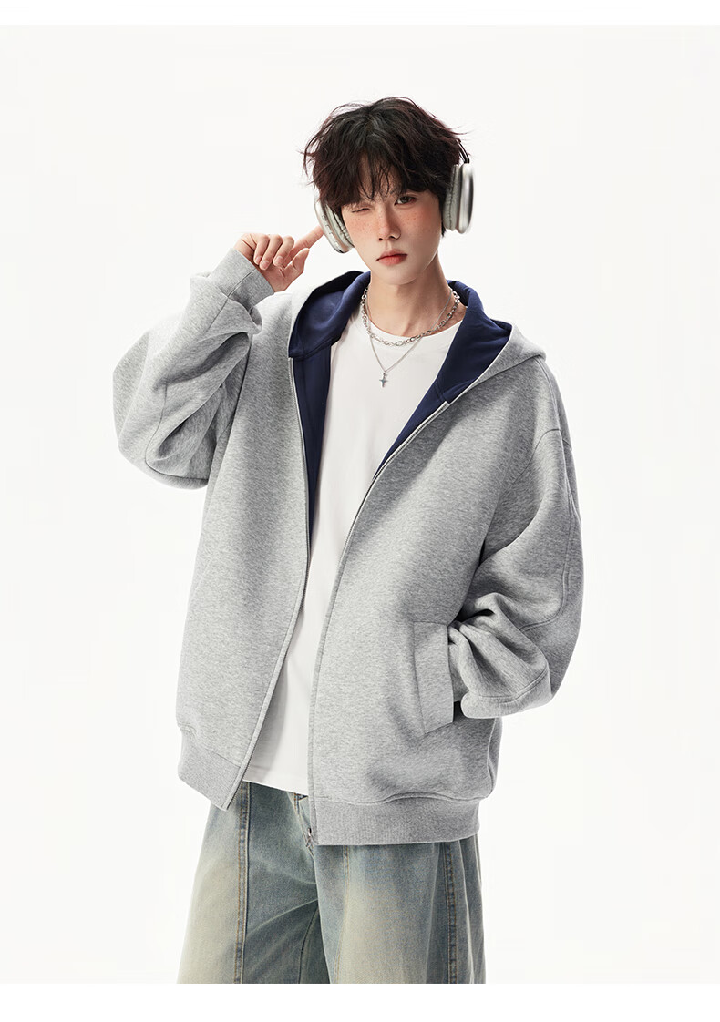 Foss Phil Men's Autumn Winter American Style Hoodie Double Zipper Colorblock Couple Zip-up Jacket 5Q1083 Black XL 2