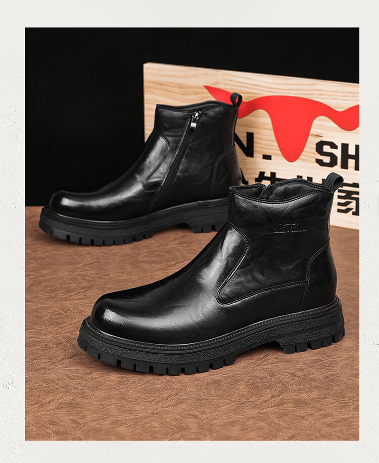 Bull Family Martin Boots Men 2026 Winter New British Style Thick Sole Side Zipper Leather Boots Men's Versatile High-top Work Boots 18