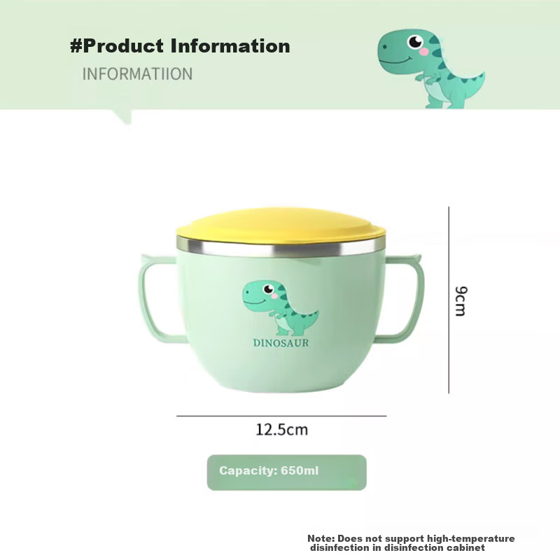 Dipuer 316 Stainless Steel Soup Bowl, Children's Rice Bowl, Student Lunch Box, Elementary School-Specific Soup Bowl, Dinosaur Bowl, 650ml