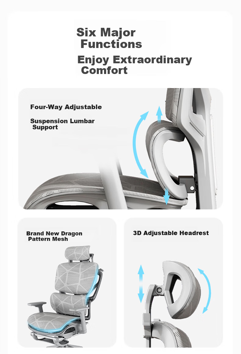 Sanxing SX-1897 Ergonomic Office Chair with Dual Backrest, Computer Chair, Ergonomic Gaming Chair, Dragon Pattern Mesh, Gray 2