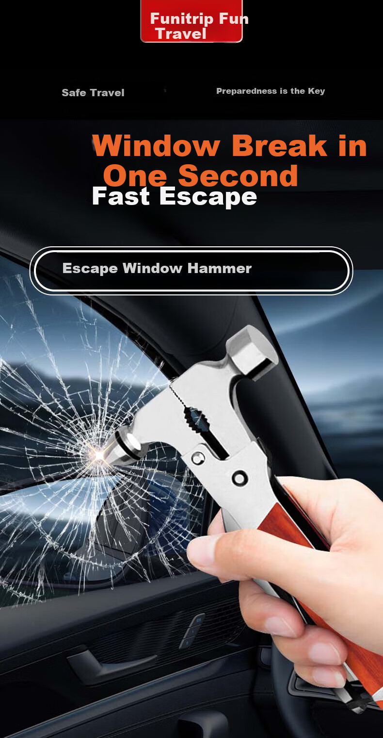 Quxing Car Safety Hammer, Metal Multi-Functional 16-In Household And Vehicle Dual-Use Life-Saving Hammer Tool Set, Steel Window Breaker 1