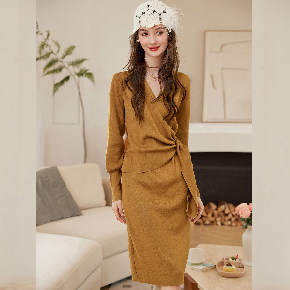 LOUISYAO Spring Autumn V-Neck Tie Design Slim Fit Slightly Stretchy Mid-Length Elegant Knit Dress Dark Coffee S