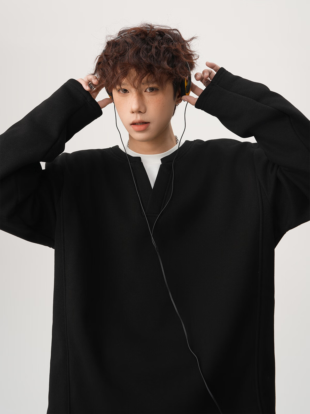 Foss Phil Men's Fake Two-Piece Long Sleeve Sweatshirt Autumn Winter Loose Fit Basic T-Shirt HT25764 Black 3XL 13