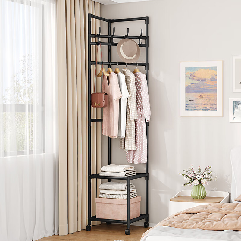 WoJia Floor Standing Corner Coat Rack Multi-layer Assembly Corner Storage Hanger Black