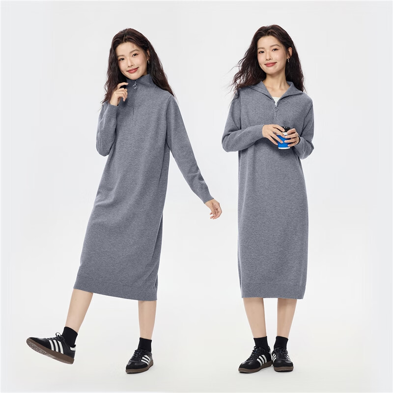 Giordano Women's Autumn Winter New Gray Two-Piece Style Color-Block Navy Collar Dress 05465858