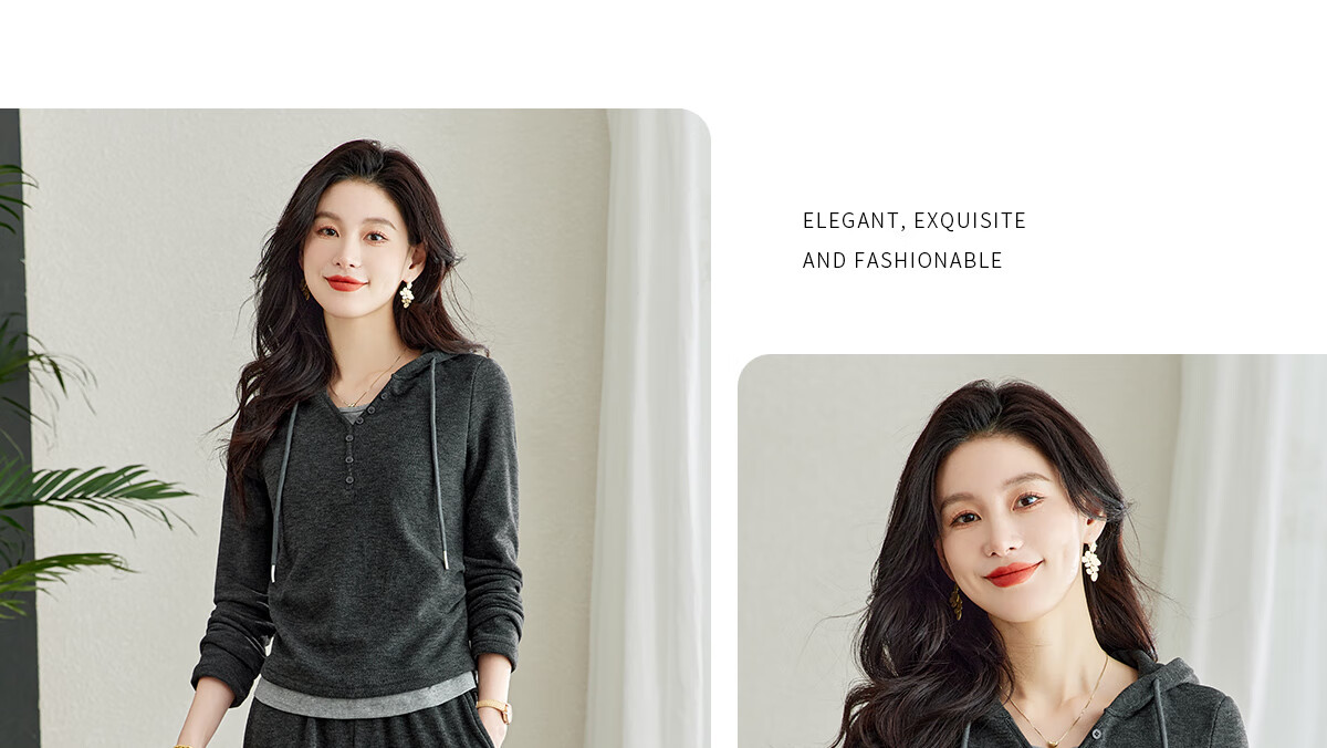 YUZHAOLIN 2025 Spring Casual Set Fake Two-Piece Sports Style Hooded Top with Straight-Leg Pants Set Y51K078 13
