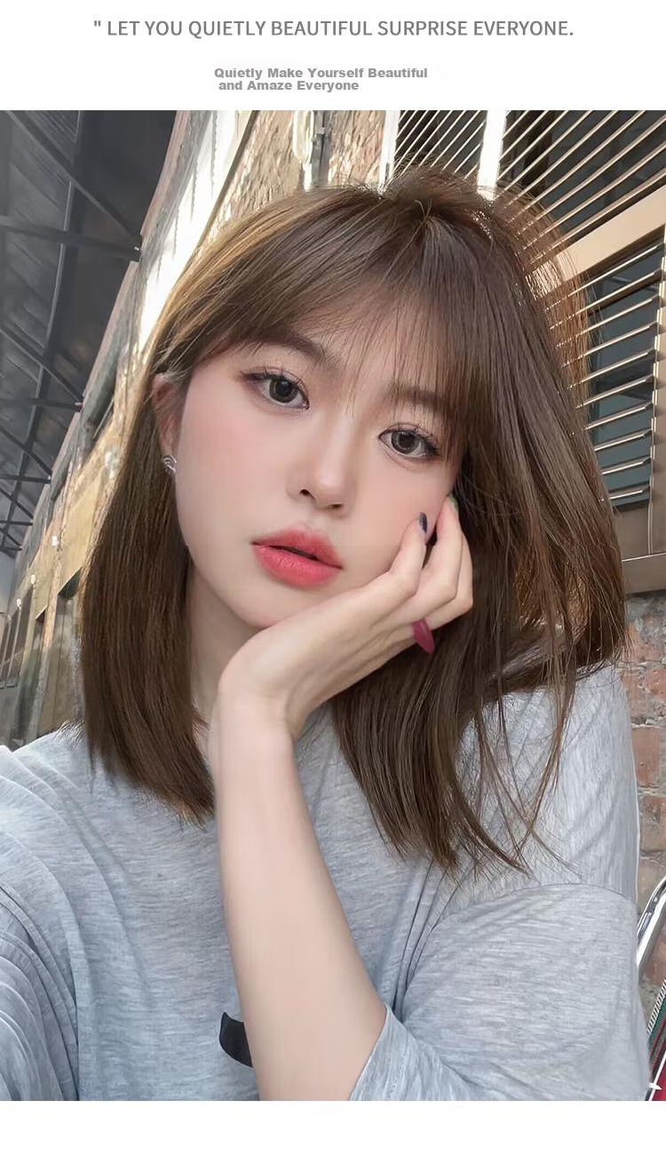 Baisitang Women's Medium-Length Wig, Internet Celebrity Bob Haircut, Natural Neckline Wig, Round Face Youthful Wig Cover 9
