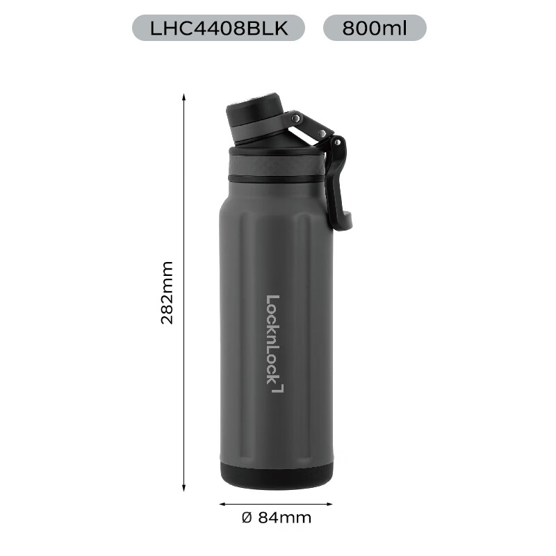 LOCK&LOCK Exploration 316L Insulated Thermal Flask Outdoor Portable Large Capacity Water Bottle 800ml Black