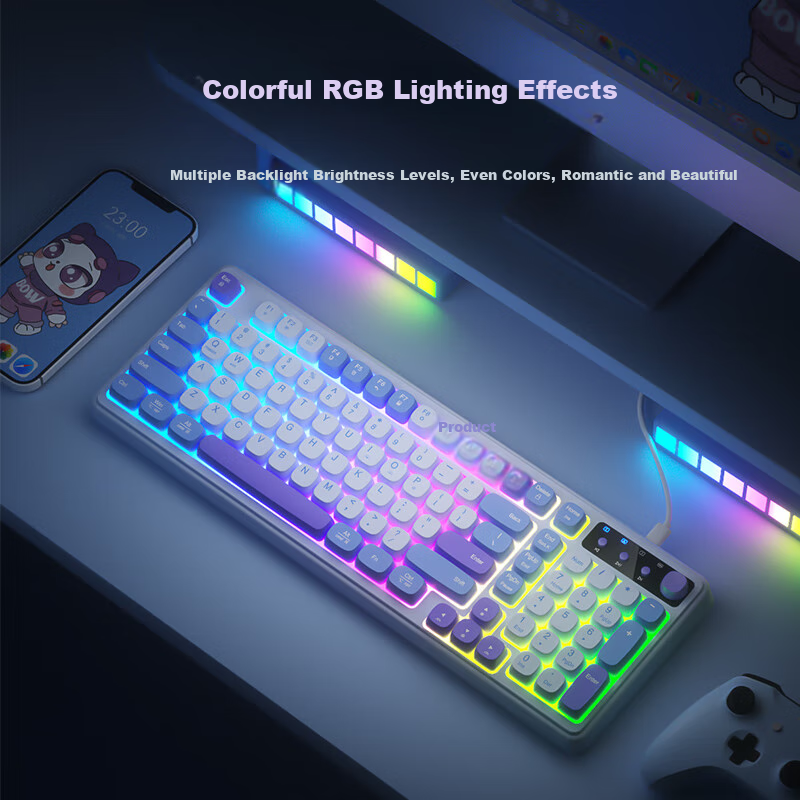 Механическая клавиатура B.O.W Hangshi K520BU с RGB подсветкой, проводная, игровая, для ноутбука и ПК, цвет "Морская соль молоко таро"