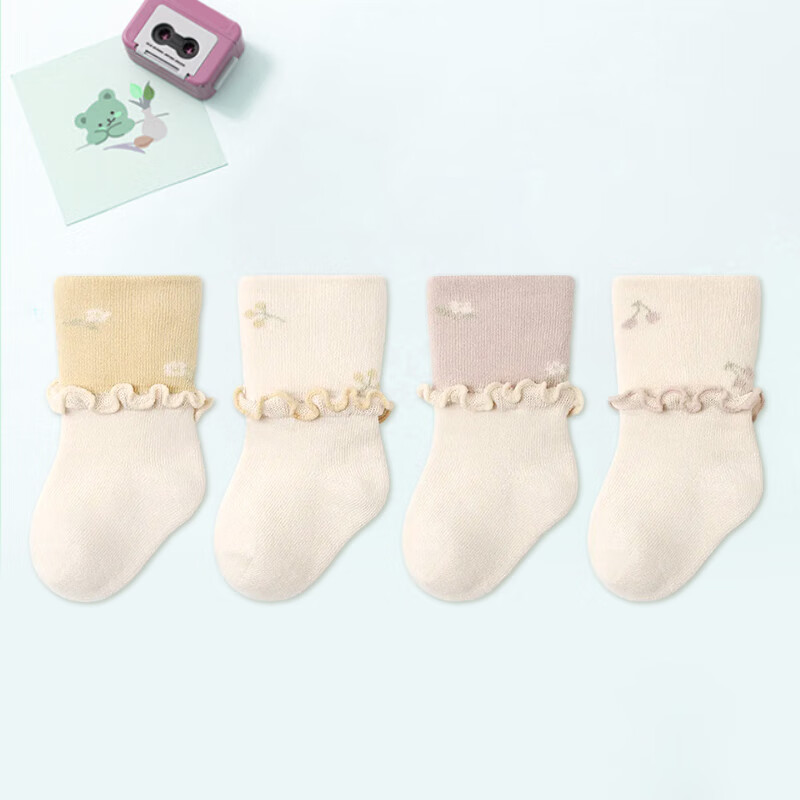 9i9 Newborn Baby Socks Autumn Winter Ribbed Non-Restrictive 4 Pairs Baby Toddler Socks Ruffled Mid-Calf Socks 0-1 Year
