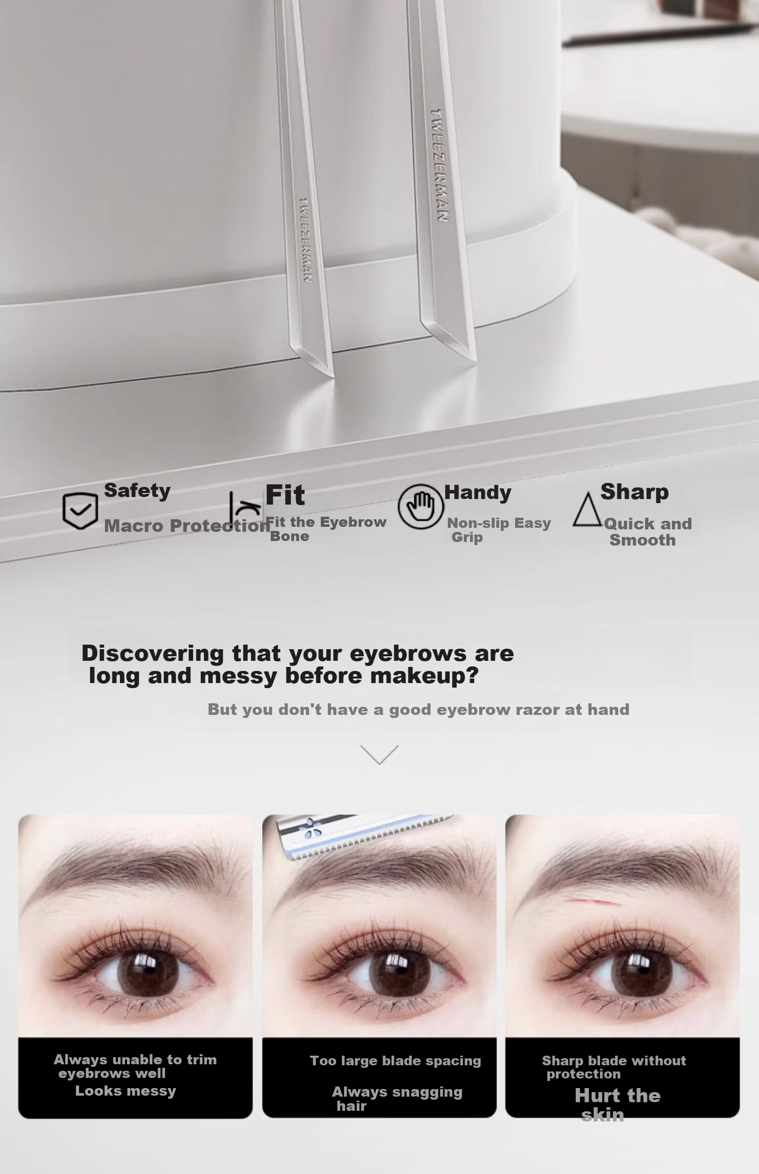 Tweezerman Classic Eyebrow Razor Short Multi-Functional for Men And Women, Facial Shaving, Includes Imported Replacement Blades 3