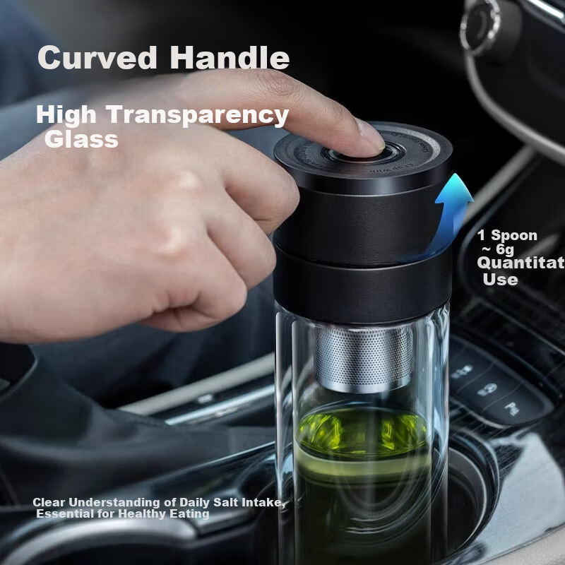 Fuguang Double-Layer Glass Cup, Car-Mounted One-Touch Lid Opening Tea Infuser Cup, High Borosilicate Tea-Water Separation Water Bottle for Men And Women, 300ml