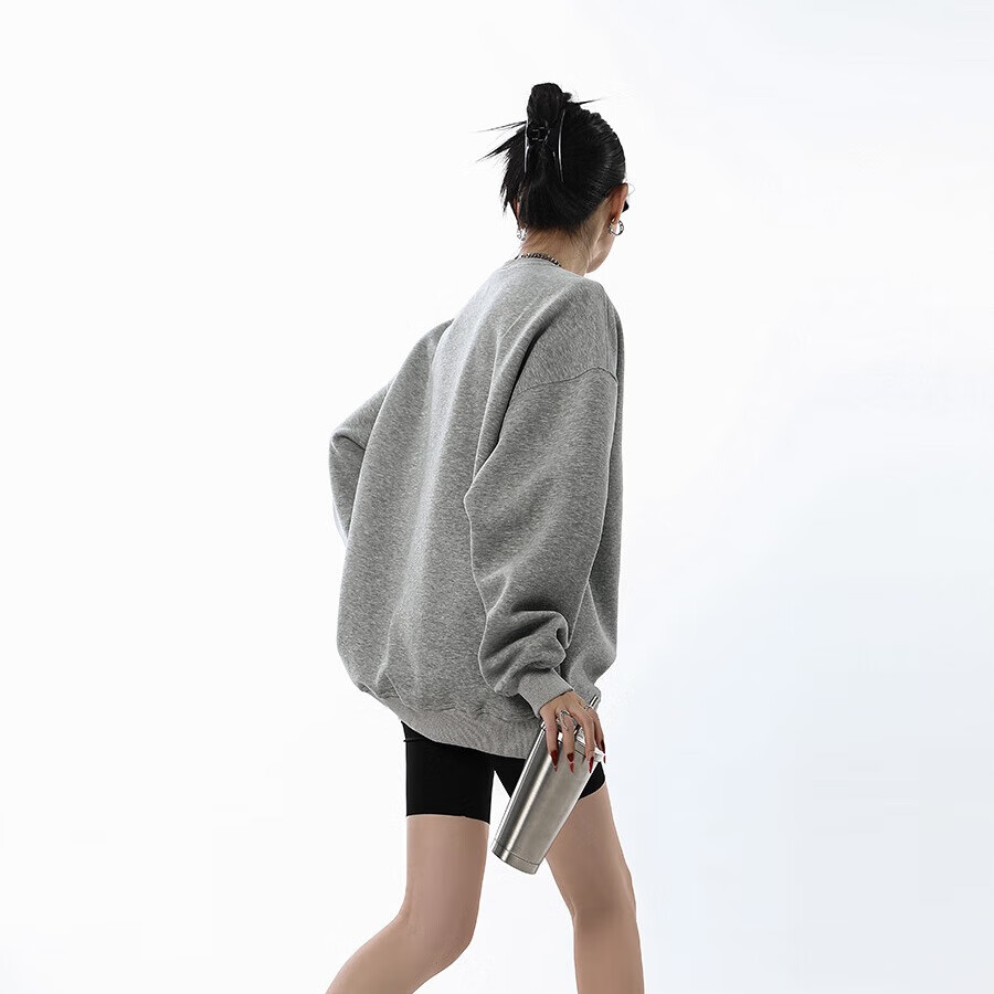 ICH MODE Women's American Style Crew Neck Solid Color Sweatshirt Autumn Winter New Loose Casual Pullover Jacket Gray M