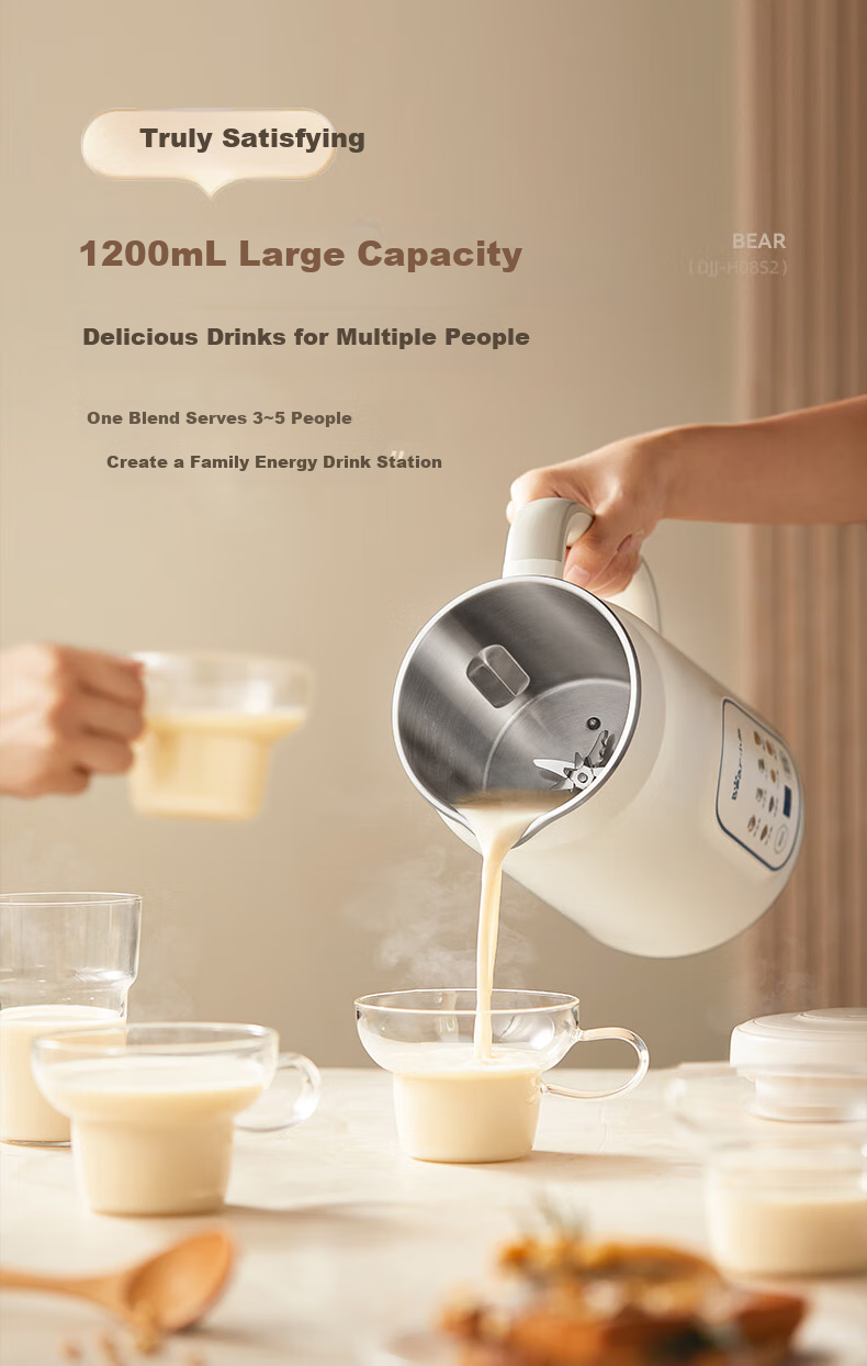 Bear White Moonlight Soy Milk Maker Blender, Home Use, 1.2L Large Capacity, Fast Soy Milk, 316L Stainless Steel, for 3-4 People, Fully Automatic, No Cooking Required, 2025 New Model DJJ-H08S2 Upgraded Versio 19