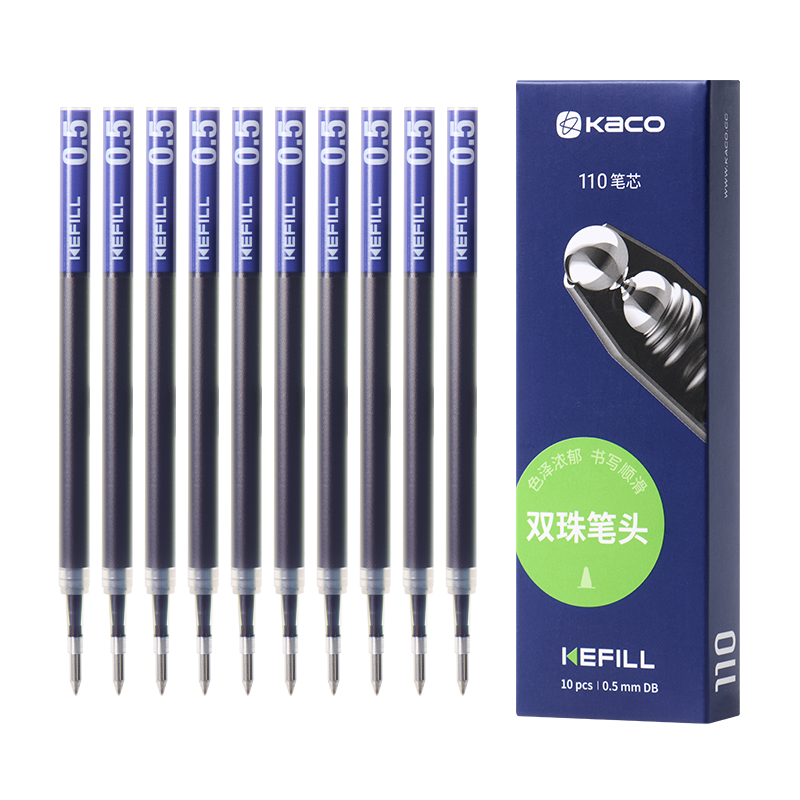KACO Double Writing Length Retractable Gel Pen Refill, 0.5mm Double Ball Bead Tip, Signature Pen Refill, Blue-Black Ink, No Leakage, 10 Pieces/box K1622