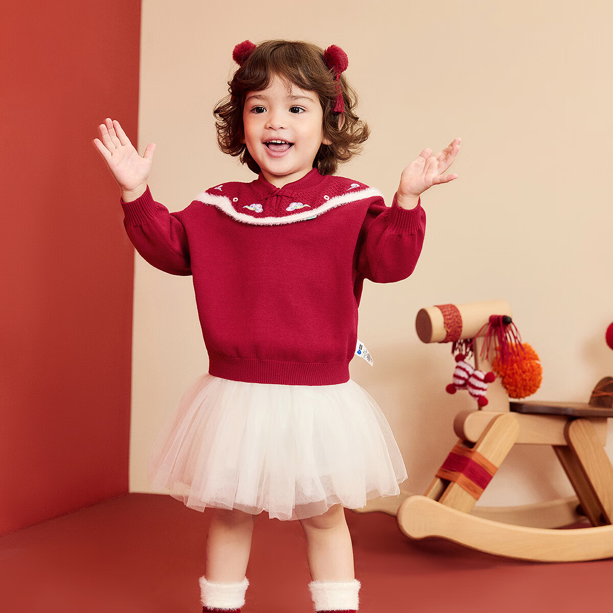 Minibala [Missha Collaboration] Girls Baby Red Sweater Winter Soft Skin-Friendly New Chinese Style New Year Greeting Outfit 2026 New Arrival