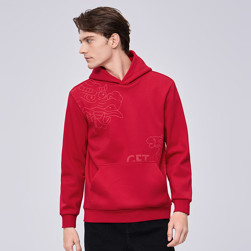 Dance with Wolves [Heated Fleece] Trendy Dragon and Horse Spirit Printed Hooded Sweatshirt Warm Antibacterial Pullover 402 Bright Red 2XL