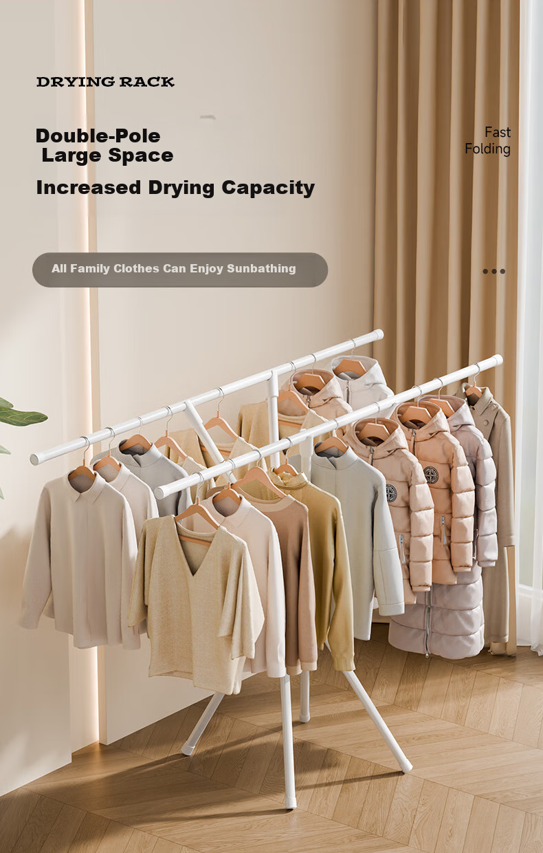 Cenggao Foldable Clothes Drying Rack, No Installation Required, Indoor Balcony Adjustable Height Clothes And Quilt Drying Stand, Milk White Color, Adjustable Height 1.5 Meters 7