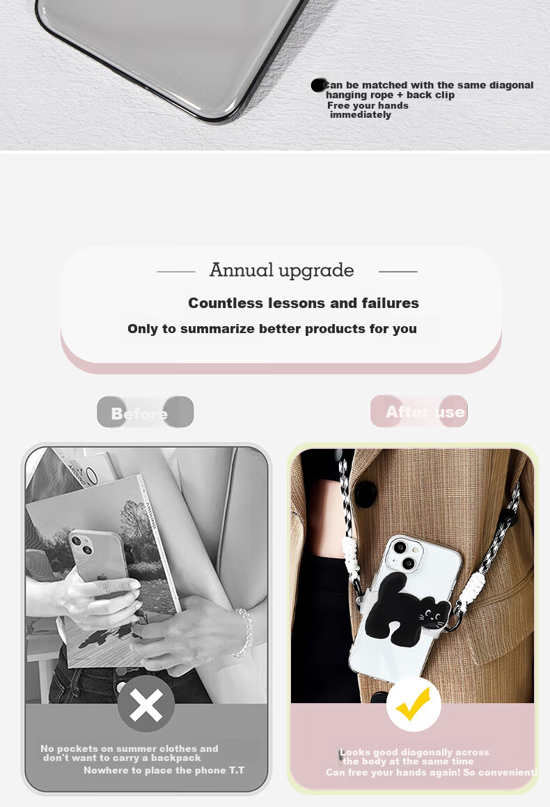 Dipuer Detachable Phone Strap with Adjustable Crossbody Sling, Neck Strap, Anti-Loss And Drop Protection, Cartoon Design, Suitable for All Phones, Black Cat 5