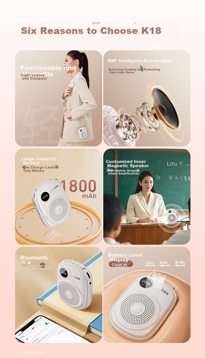 AISOMEX Portable Amplifier for Teachers, Classroom Teaching Bluetooth Wireless Microphone, Outdoor Tour Guide Shopping Small Loudspeaker K18 Wireless White 3