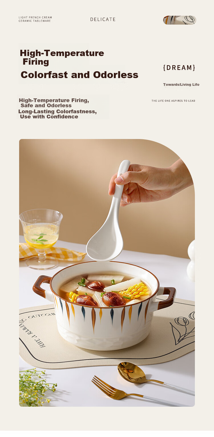 Hechuanwu Ceramic Soup Bowl, Large Size 10.5 Inches, Household Use, Underglaze Color, Double-Ear Large Bowl for Soup And Luosife 2