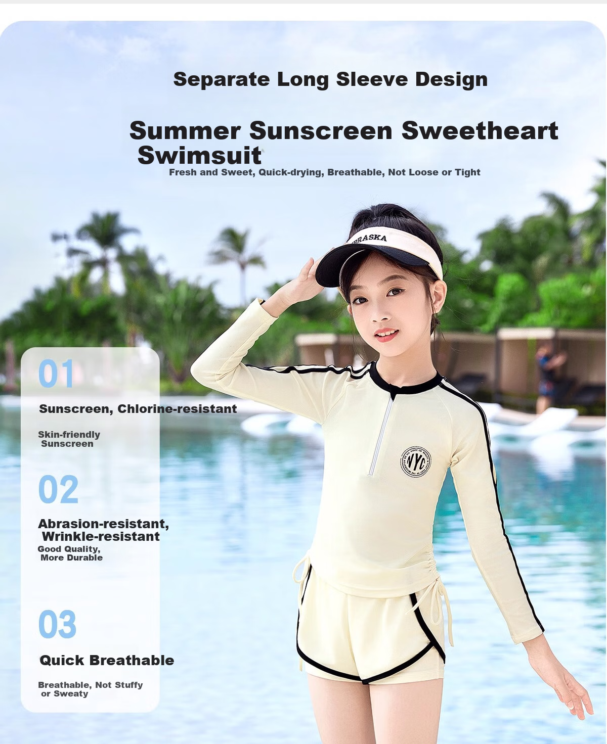 Youyou Children's Swimsuit, Girls' Two-Piece, for Older Kids And Teenagers, Hot Spring Swimming Suit, Four-Piece Set, 35135 Off-White, Size 100 1