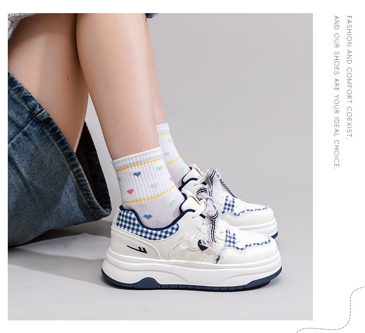 Warrior Women's White Shoes Spring and Autumn New Casual Versatile Creative Bowknot Sports Thick Sole Sneakers Beige Deep Blue 37 4