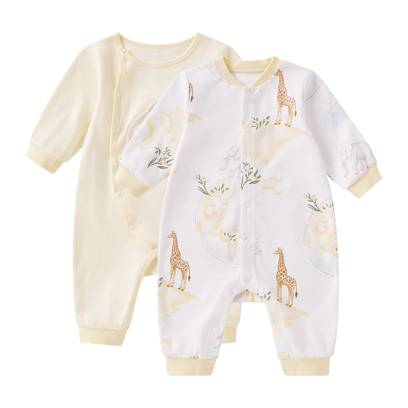 PurCotton Baby Clothes, Newborn Double-Sided Soft Pure Cotton Onesie, All-Season Bodysuit for Infants, Yellow + Map Pattern, Size 73