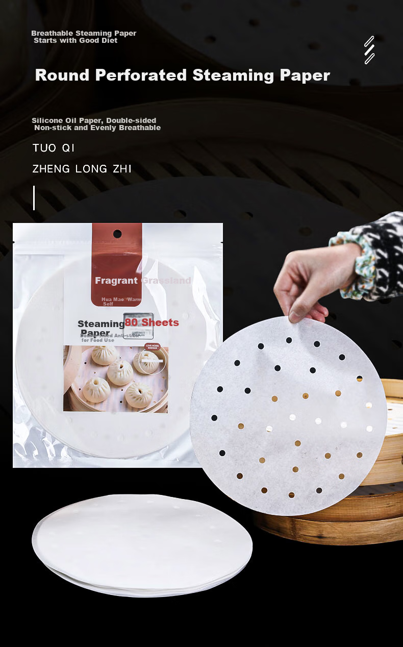 Fangcaodi Steamer Paper, 100 Sheets, Disposable Steaming Paper for Buns And Mantou, Non-Stick Paper Liner for Xiaolongbao, Steamer Tray Paper, Diameter 27CM 1