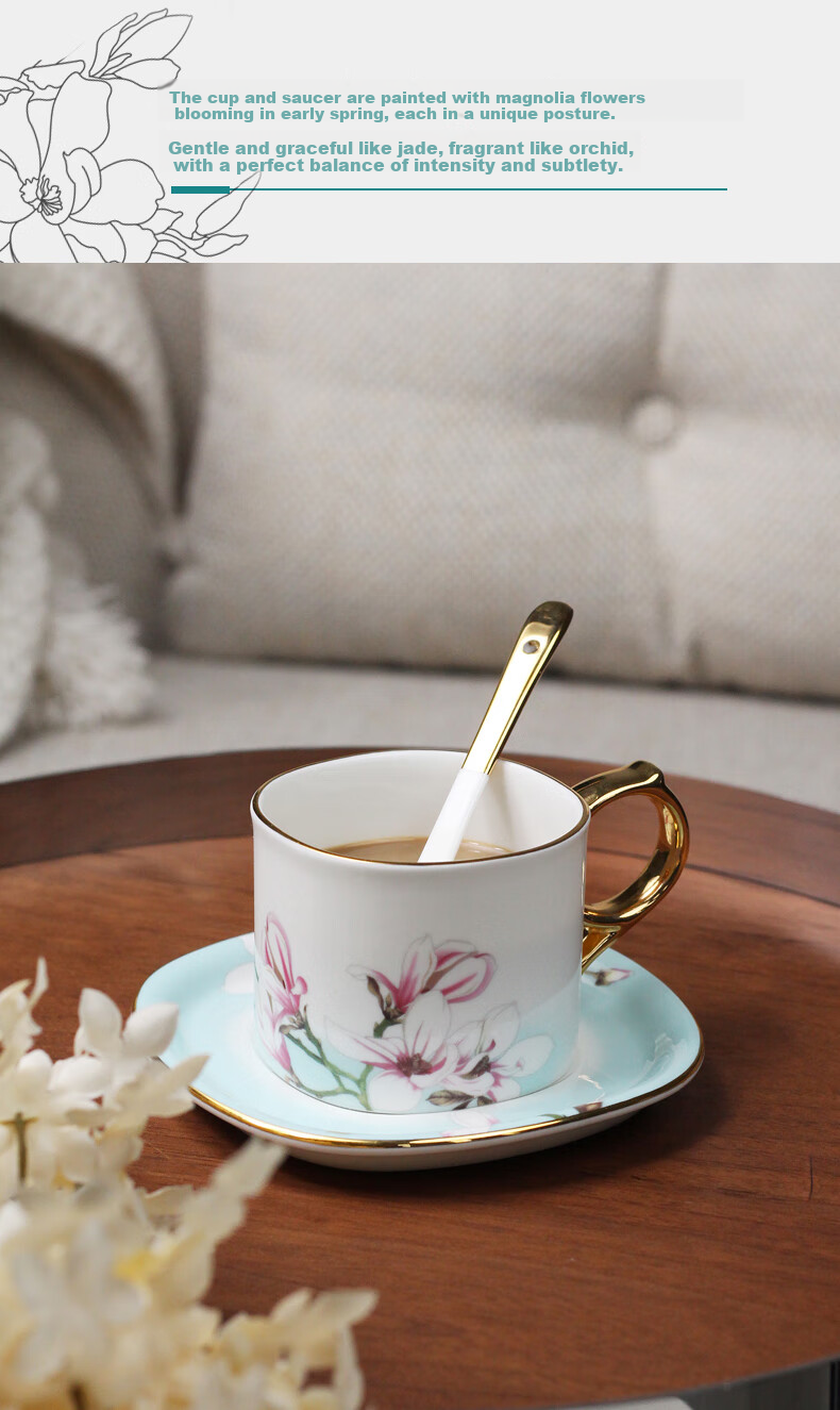 HG Guoci Bone China Coffee Cup And Saucer Set, European High-End Afternoon Tea Cup with Spoon, Premium Wedding Gift Fanghua 5