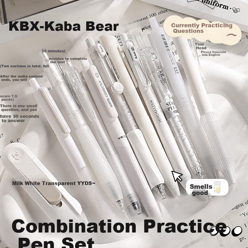 Kabaxiong Gel Pen, Black, 0.5mm, Stylish Design, Pack of 5, Instagram-Style Retractable Pen for Exam Practice, Simple Retractable Carbon Ink Pen for Students, White Transparent Color