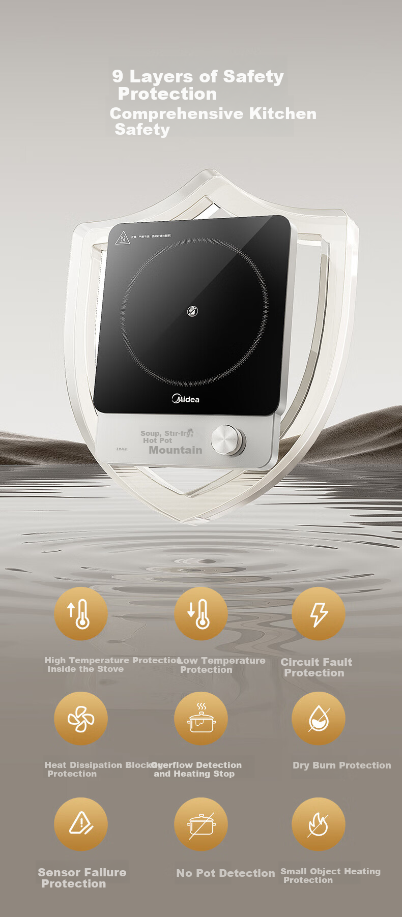 Midea Electromagnetic Cooker, Ceramic Cooktop, Battery Stove, 2200W High Power, Intense Heat, Tea Brewing, Water Boiling, Stir-Frying, Hot Pot, Electric Stove, Tea Maker, Dual Ring Temperature Control, Suitable for All Cookware, HW22E02 22