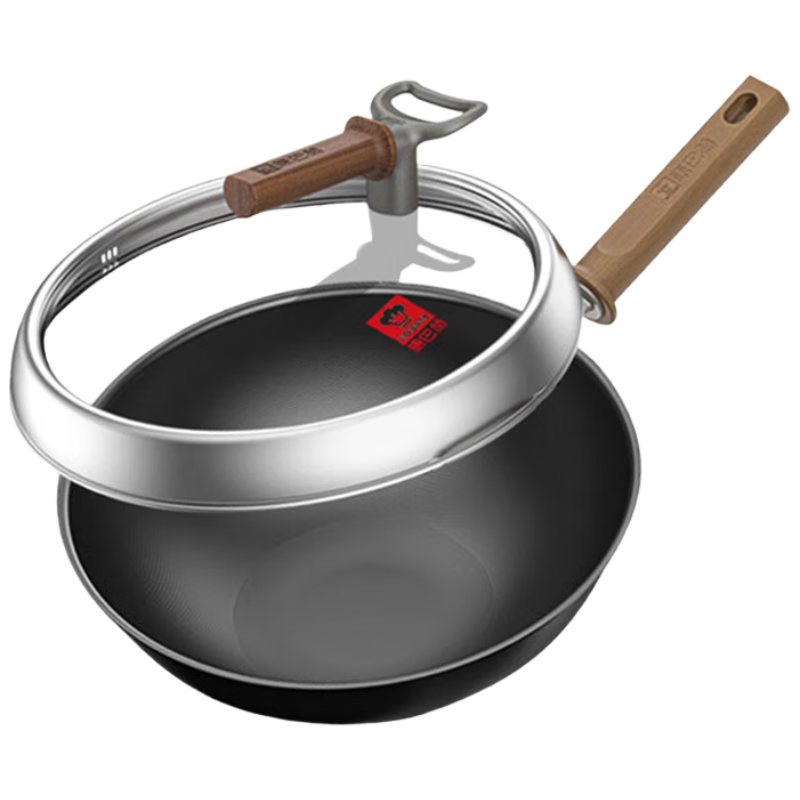 KBH Titanium Scented Iron Wok Non-Coated Rust-Resistant Non-Stick 30cm Flat Bottom Stir-Fry Pan for Home Use Compatible with Induction and Gas Stoves