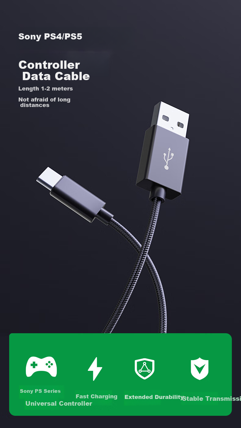 Jinlingshengbao Sony PS4 PS5 Controller Data Cable, Charging Cable, Connection Cable, Gamepad USB Fast Charging Cable, Slim Pro Computer Console Connection Cable, 2 Meters, Type-C, Ruizhi Black 1