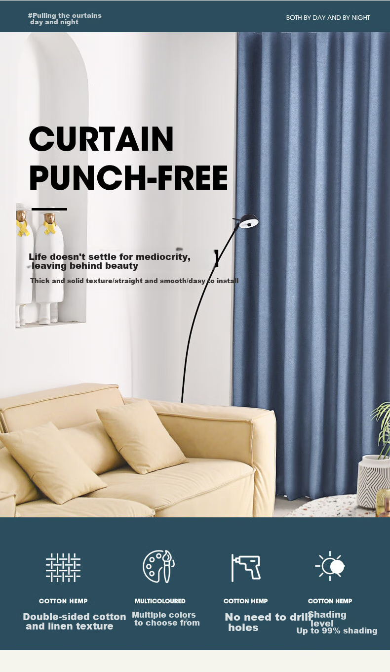 Shuixingjiafang No-Drill Blackout Curtains for Bedroom, High Light Blocking Fabric with Rod Set, Bay Window Sunshade, 3.6x2.0m, Beige 1