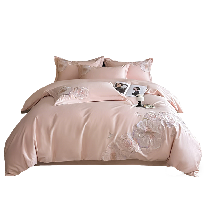 Hengyuanxiang Home Textile 100% Cotton Embroidered Floral Four-Piece Bedding Set 1.5/1.8m Bed Sheet and Duvet Cover 200x230cm Set