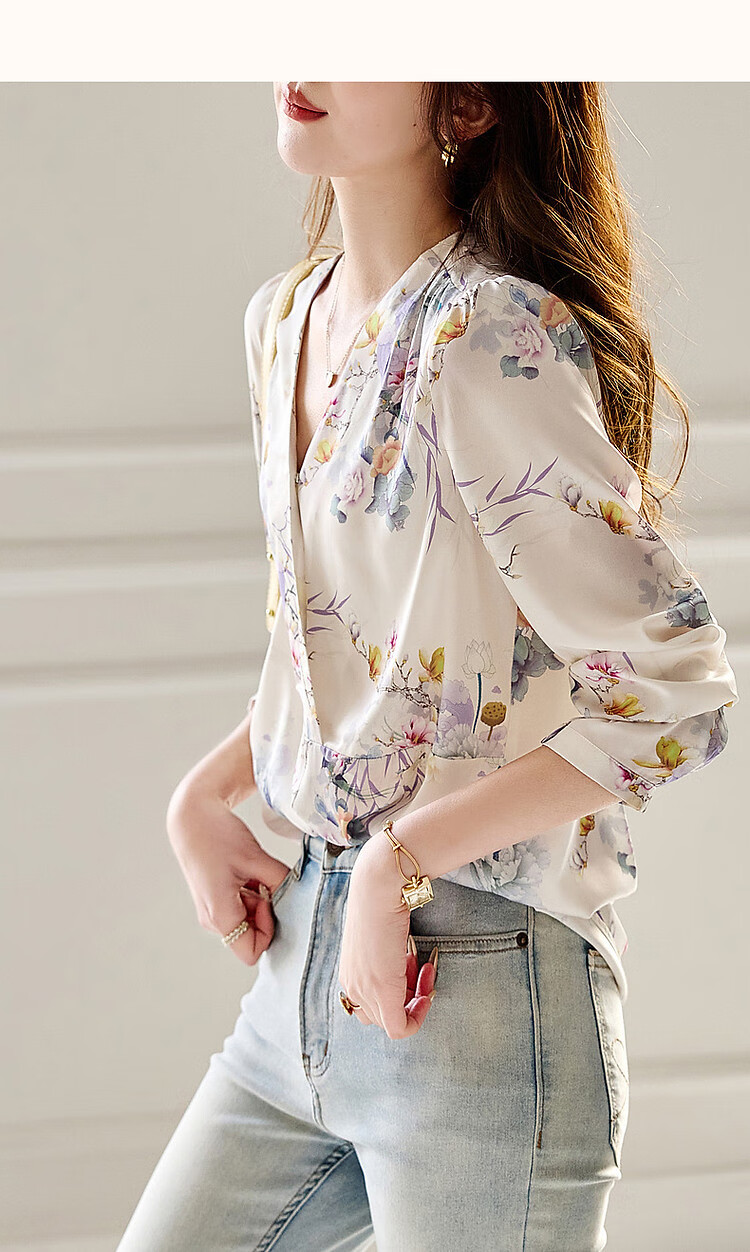 Dme Smooth Shiny Floral Print Women's Shirt, Spring And Autumn New V-Neck Long-Sleeve Blouse, Women's Plant Print Shirt 11