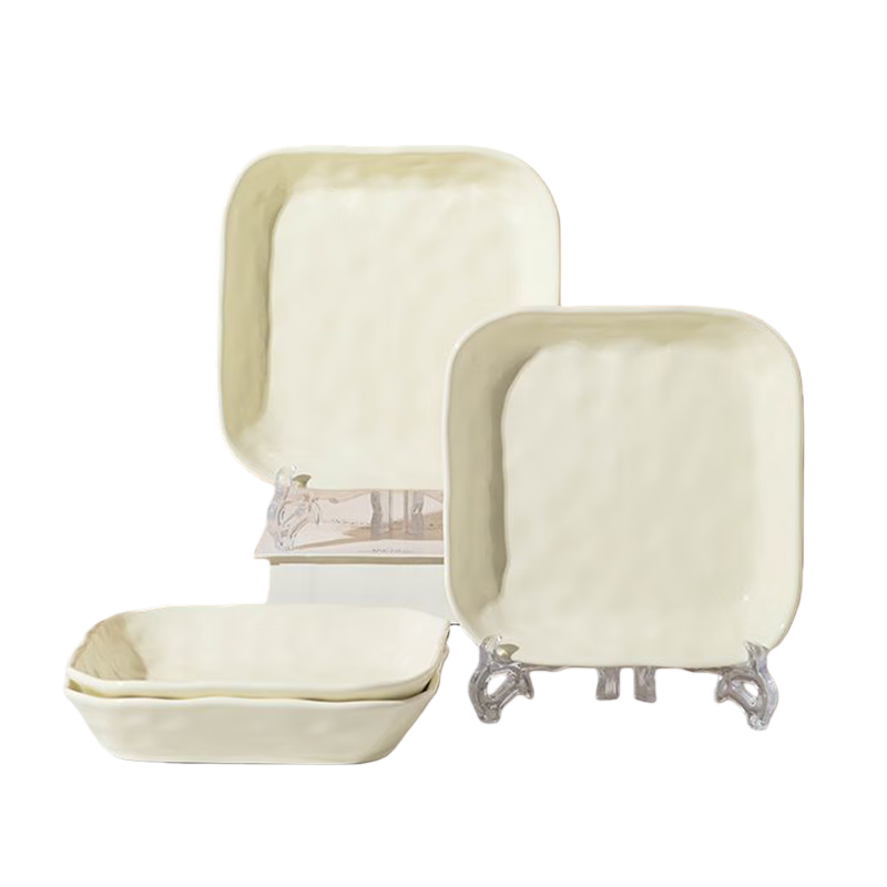 Haoya Underglaze Jingdezhen Ceramic Plates And Dishes, Creative Cream-Colored Mixed-Color 8-Inch Square Plates, Set of 4