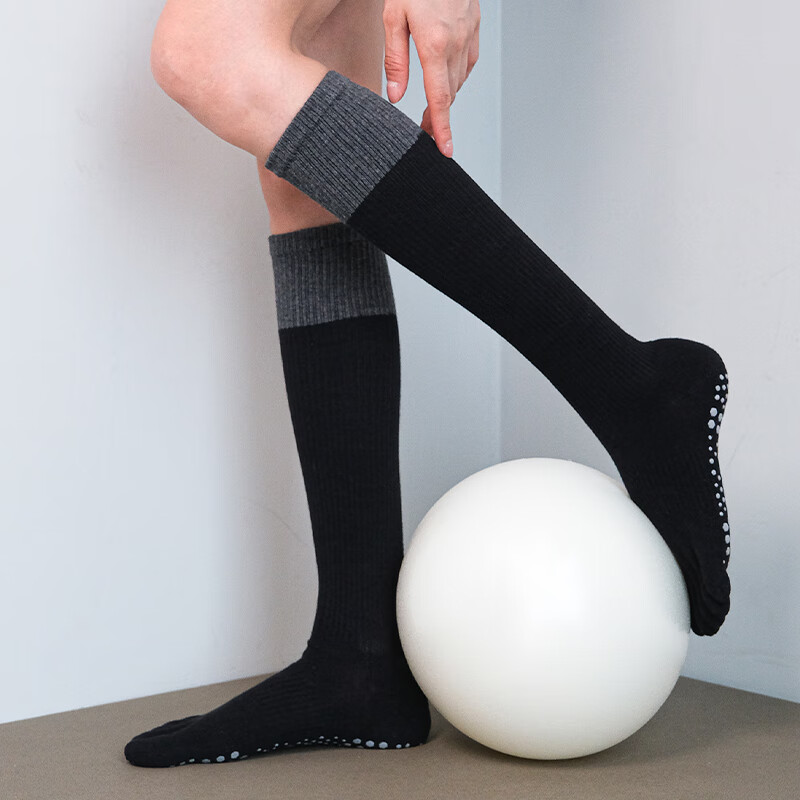Duweike Five-Toe Compression Socks Yoga Professional Non-Slip Pilates Training Indoor Sports Toe-Separating Calf-High Colorblock Black