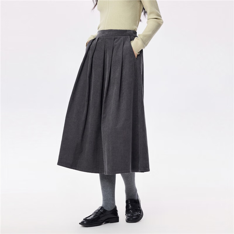 Giordano Women's Corduroy Umbrella Skirt Autumn Winter Pure Cotton Semi-Elastic Waist A-Line Pleated Skirt 05465672