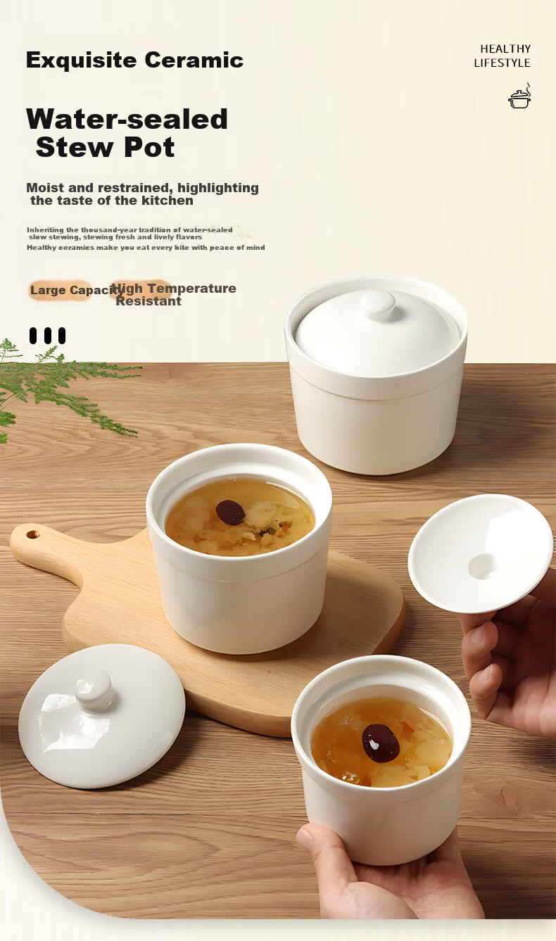 BJ Ceramic Bowl Stew Pot, Soup Bowl Double Boiler Inner Pot for Steamed Eggs, Porridge, Bird's Nest, with Lid And Spoon, Small Size 220ml 1