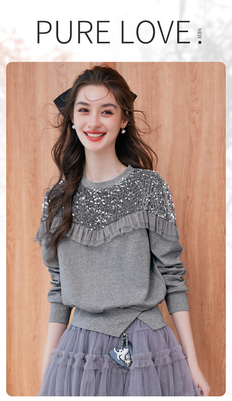 LOUISYAO Sequin Embellished Mesh Splice Sweatshirt 2025 Autumn Winter New Split Hem Fashion Top for Women Gray S 1