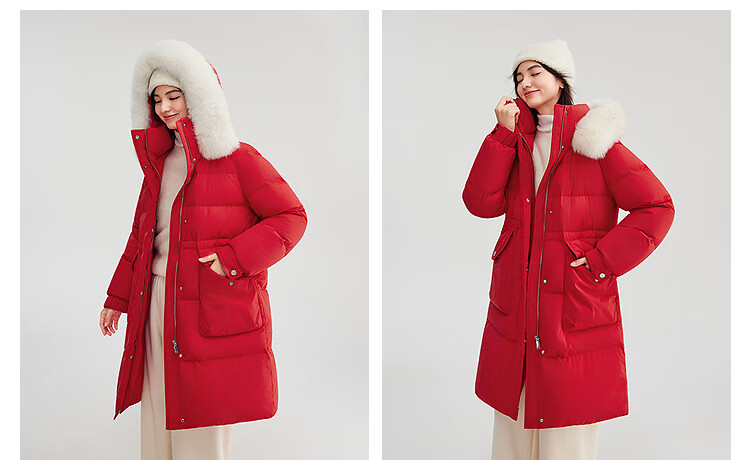 BOSIDENG 25 Years Women's Winter Down Jacket 90% Down Thickened Slim Mid-Length Large Fur Collar New Year Red Coat 2
