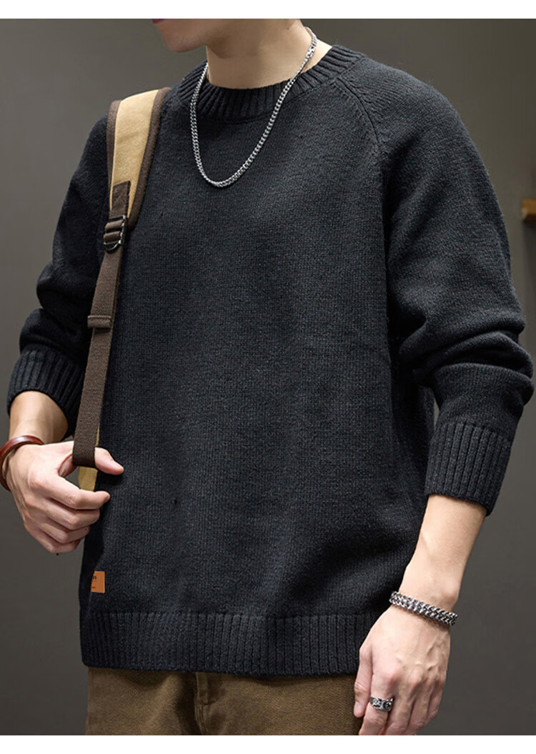 Pierre Cardin Men's Sweater Autumn Winter Retro Crew Neck Knitwear Solid Color Loose Fit Black XL 6